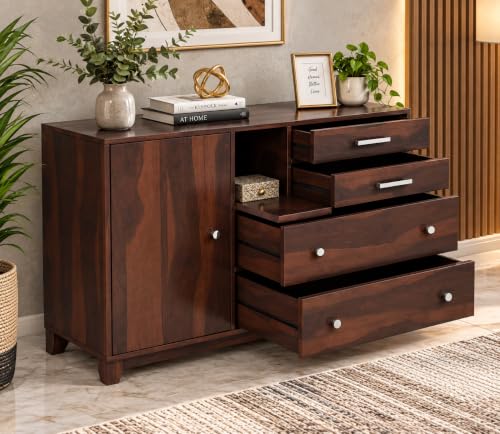 Image of Solid Wood Wooden Sideboard Cabinet with 4 Drawer and 3 Shelves Storage | Multipurpose Storage Cabinet Rack for Bedroom & Living Room (Walnut Finish)