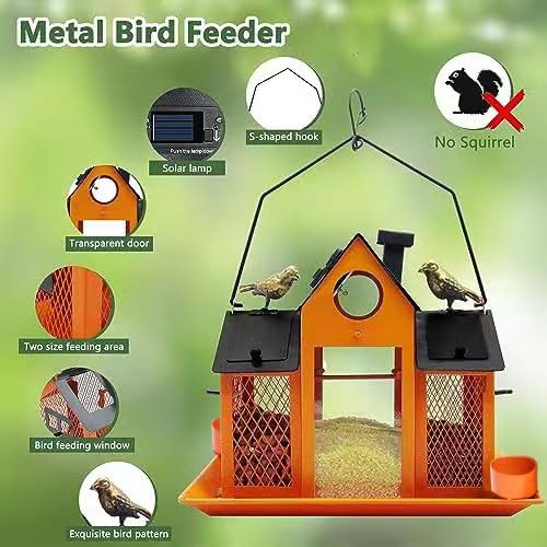 Comedero solar para pájaros para colgar en el exterior, comedero de metal para pájaros silvestres para exteriores, comedero grande para pájaros cardenales, casas de pájaros, naranja 3