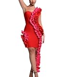 Women Sexy One Shoulder Ruffles Patchwork Bodycon Bandage Dress