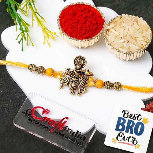 Image of eCraftIndia Krishna Playing Flute with Cow Designer Rakhi | Raksha Bandhan Rakhi for Bhai Bhaiya | Best Bro Ever Fridge Magnet | Roli Chawal Pack