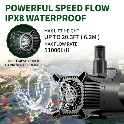 2906 GPH Submersible Water Pump, 170W Pond Pump with Adjustable Water Outlet Water Fountain Pump, Aquarium Water Pump with 20.3FT Lift Height for Pond Waterfall Fish Tank Hydroponic Pond Pumps — view 4