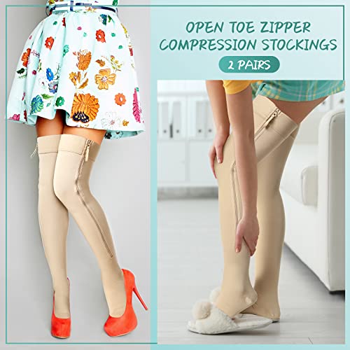 Image of 2 Pairs Open Toe Thigh High Zipper Compression Socks 20-30 Mmhg Zipper Compression Stockings Thigh High for Women Men