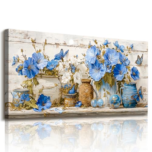imjiayu Blue Floral Large Wall Art Flower Still Life Rustic Farmhouse Decor