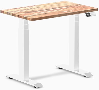 Desky Compact Electric Standing Desk, 32x20 Acacia Wood Top, Dual Motor Height Adjustable Workstation with Memory Presets, Small Ergonomic Desk for Home White Frame