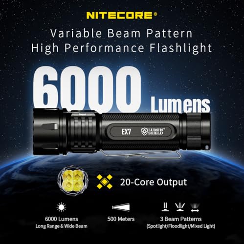 Nitecore EX7 EX7 Variable Beam Pattern(Spot/Flood Mixed) High Performance LED Rechargeable Flashlight -6000 Lumens w/ NL2155HP Battery and Eco-Sensa Type C-Charging Cable Included
