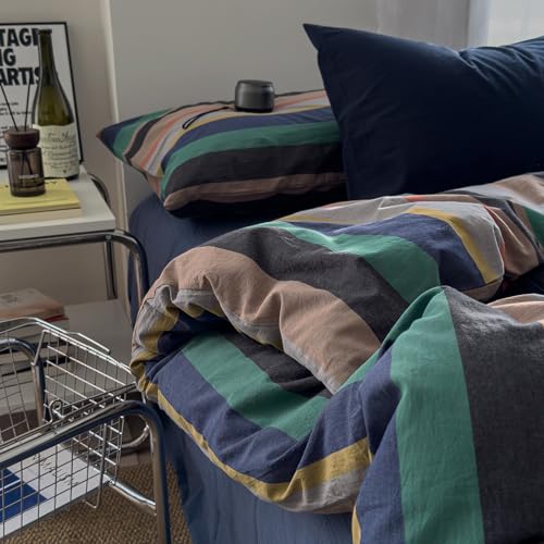Image of mixinni Vintage Striped Duvet Cover Full 100% Washed Cotton Bedding Set Retro Mid Century Modern Striped Duvet Cover with Zipper Closure Corner Ties for Kids Teens Dorm