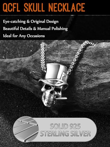 Skull Necklaces for Men, 925 Sterling Silver Mens Pendant Necklace, Cool Gothic Skull Jewelry Halloween Jewelry Gifts for Men Husband Him Father Son4