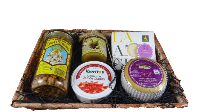 Cesta de Regalo para Navidad Sin Lactosa con Queso Cremositos del Zújar, Queso Curado de Oveja, Paté de Jamón Curado, Mermelada de Higos con Miel – Corazón Extremeño