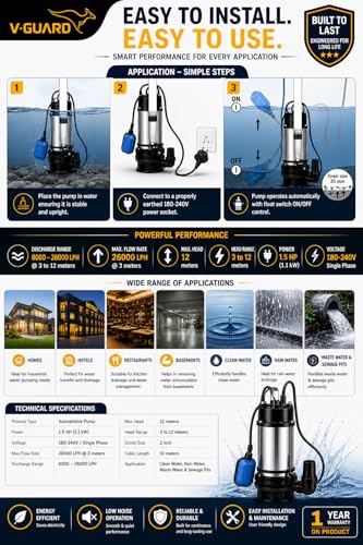Image of V Guard Automatic, 1.5 Hp Single Phase, Electric Submersible Utility Drainage Water Pump(Multicolour), Corded Electric
