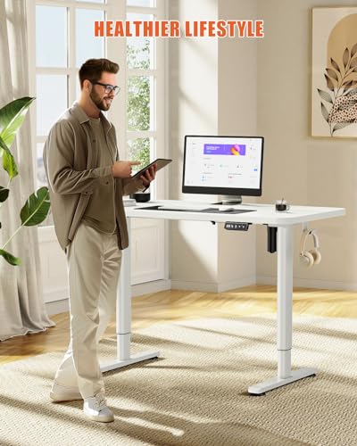 Flycity Electric Standing Desk Adjustable Height Stand Up Desk, 48\" x 24\" Sit Stand Desk, Low Noise Home Office Desk, Computer Desk with Splice Board, Child Lock & Memory Function, White