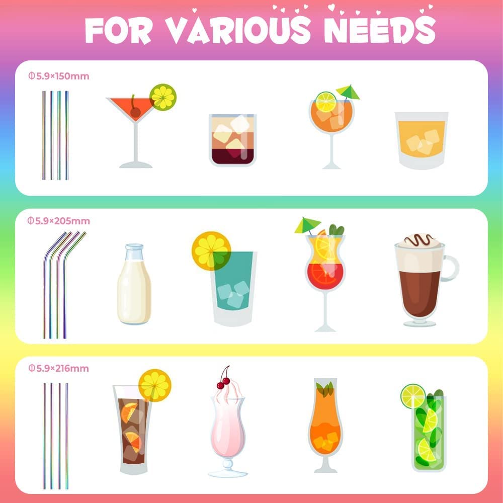 ecooe 12 Pajitas reutilizables de acero inoxidable sin BPA, Pajitas largas de colores metal con 2 Cepillos de Limpieza y 1 Bolsa de Tela Portátil de nylon para Juice, Coffee, Mojito ,Yogur