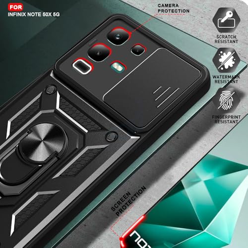 Image of AESTMO Tough Armor Infinix Note 50X 5G Bumper Back Case Cover | Ring Holder & Sliding Camera Shield Cover | 360 Degree Protection Back Case Cover for Infinix Note 50X 5G (Black)