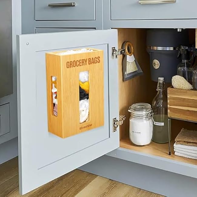 Extra Large Bamboo Grocery Bag Holder & Plastic Bag Organizer, Under Sink Cabinet or Wall Mounted Storage, Space-Saving Dispenser for Kitchen, Pantry, Garage, Laundry Room