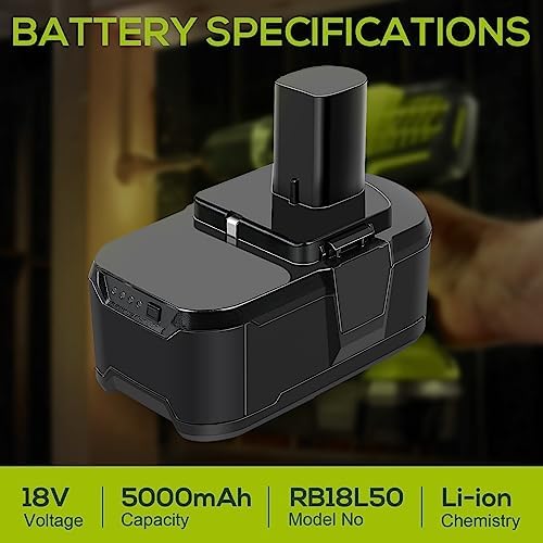 LabTEC RB18L50 Battery 18V 5000mAh Replacement for Ryobi 18V Battery BPL-1815 BPL-1820G BPL1820 BPL18151 P102 P103 Cordless Power Tool with Indicator light