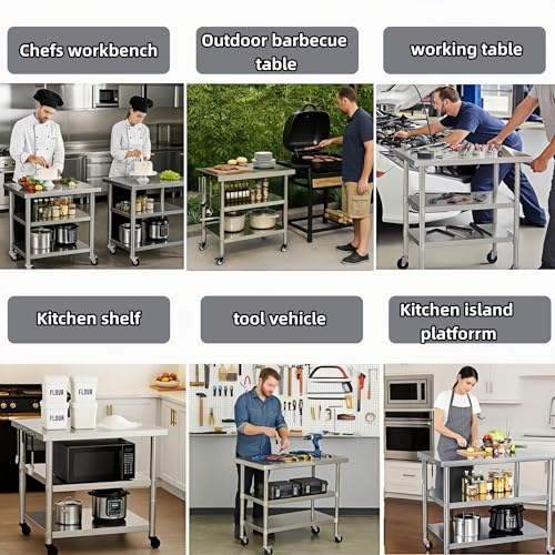 Image of Stainless Steel Table with Wheels for Food Preparation and Work, Multi-Size Optional, Three-Layer Variable Two-Layer Metal Commercial Workbench Outdoor (24 inch Lx24 Wx35 H)