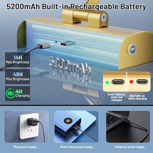 Image of AIFEI 5200mAh Picture Lights for Wall: Up to 48H Artwork Lighting | 6H Fast Charging for Living Room Hallway - Remote Timer Memory - Wireless Installation - 16 Inch - Brass