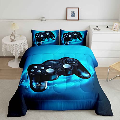 Feelyou Gamer Bedding Set for Boys Full Size Comforter Set Kids Gaming Comforter Blue Gamer Room Decor Video Game Gamepad Bed Set Teens Teenage Bedding Soft Warm 1 Comforter with 2 Pillowcas