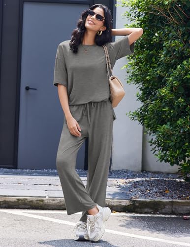 Image of Ekouaer Lounge Sets for Women Short Sleeve Tops and Long Pants Soft Comfy Pajamas Set 2 Piece Outfits