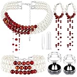 Cunno 6 Pcs Halloween Vampire Costume Accessories Dripping Blood Necklace Vampire Teeth Bloody Pearl Bracelet Necklace Earring Jewelry Gift Set Gothic Fangs for Halloween Party(Classic)