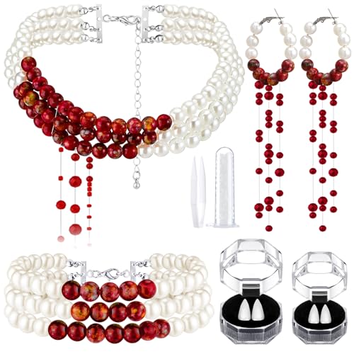 Cunno 6 Pcs Halloween Vampire Costume Accessories Dripping Blood Necklace Vampire Teeth Bloody Pearl Bracelet Necklace Earring Jewelry Set Gothic Fangs for Halloween Party Favors Gift