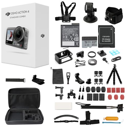 DJI Osmo Action 4 Standard Combo with 58 Piece Accessory Kit + 64GB Card, 4K/120fps Waterproof Action Camera with a 1/1. - Detailed View