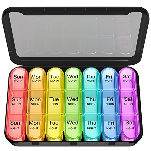 Zoolion Weekly Pill Box 7 Day 3 Times a Day (Morn/noon/Night), Daily Portable Travel Pill Box Organiser, Tablet Box with Large Compartments, Hold for Fish Oils, Vitamins, Supplements (Black)