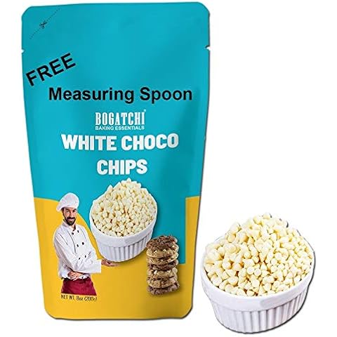 BOGATCHI Choco Chips for baking, Chocolate Chips for Decoration Coffee, Ice Creams and Shakes, White Chocolate Chips, White Chocolate Chips, Gluten Free and Tasty, 200g with Free Measuring Spoon Cover