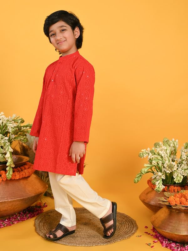 Image of Saka Designs Boy's Embroidered Kurta & Pyjamas - Red