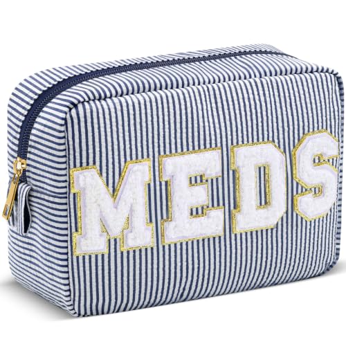 Sanwuta Seersucker Cosmetic Bags Medicine Bag Chenille Letter Seersucker Makeup Bags Stripe Women Pouch Large Preppy Storage Pouch Toiletry Travel Organizer for Traveling Meds(Meds, Navy Blue)