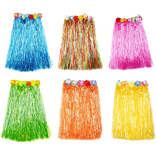 Gukasxi 6 Stück Hawaii Gras Rock Hula Rock Party Bastrock 60cm Lang Elastisch Luau Röcke mit Hibiskusblüten Hawaii Kostüm Set für Beachparty Deko