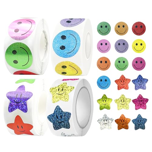 OMJMYY 2000 Pièces Gommette Smiley Enfant, Gommettes Étoiles Autocollant Smiley pour Tableau de Récompenses Comportement, Enseignants, Cadeau, Scrapbooking