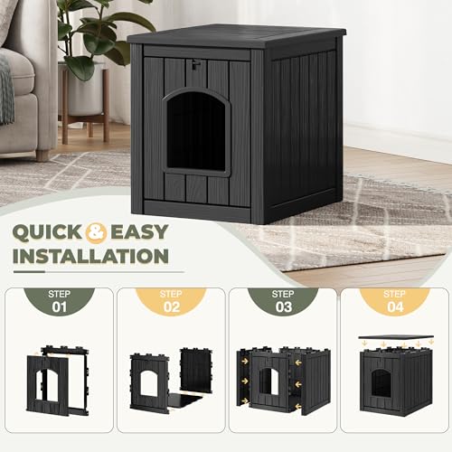 Image of Cat Litter Box Enclosure, Openable Front Door Outdoor Enclosed Cat Litter Box, Outdoor Cat House Weatherproof Raised Floor, Easy to Clean, Black