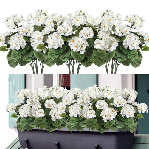 Dremisland 6 Pack Artificial Geranium Flowers for Outdoors White Geranium Silk Flowers Outdoor UV Resistant Garden Plants Bush Faux Flowers for Home Wedding Table Centerpieces Deco image 5