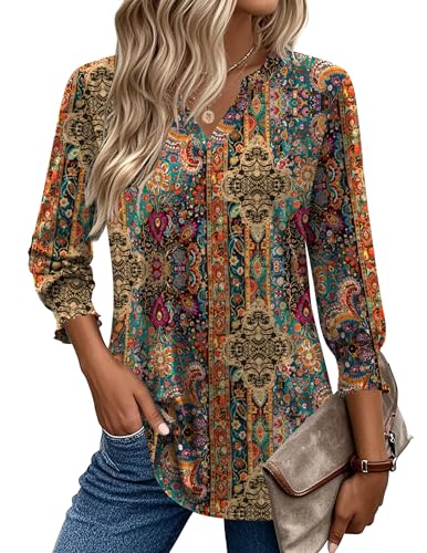 Zeagoo 3/4 Length Sleeve Womens Tops 2025 Floral Womens Blouses V Neck TunicTops with Smocked Cuffs2
