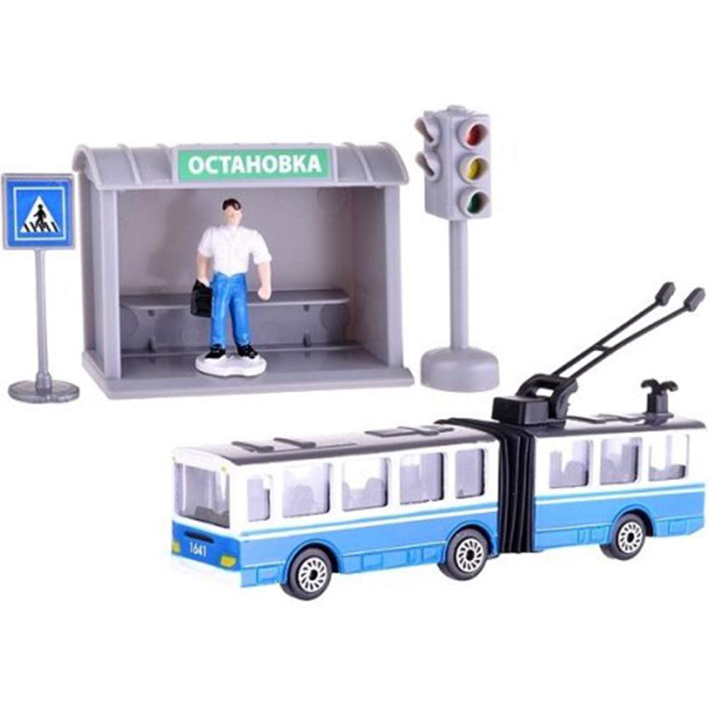 Trolley Bus Toy with A Bus Stop - 1:144 Scale Diecast Metal Model Russian Soviet Classic City Trolley Bus - Collectible Vintage Vehicle Pullback Toy Car Buses