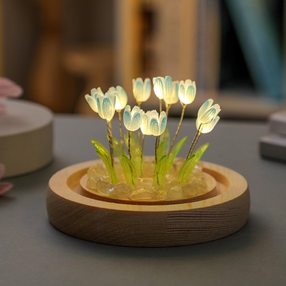 Pink Night Light with Wooden Base, Glass Flower Lamp for Girls Bedroom, Romantic Room Ornament and Aesthetic Decor for Valentine Mother Day(16 blue)
