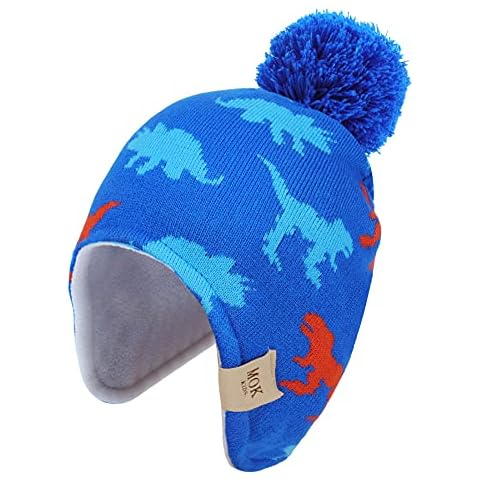 Kids Knitted Beanie - Dinosaur Toddler Earflaps Toddler Hat with Pompom Elastic Beanie Fleece Lining Toddler Winter Hat Boys Girls(Royal Blue,M) Cover