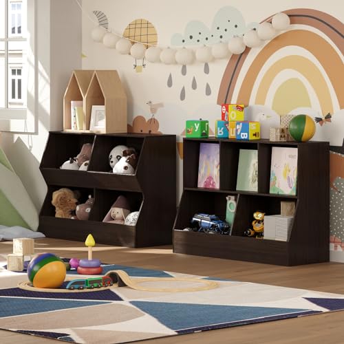 DINZI LVJ Kids Bookshelf, Toy Storage Organizer, Wooden Toy Storage Cabinet, 4 Cubby Children Bookcase, 43.3" L Toddler Book Shelf for Bedroom, Nursery, Hallway, School, Espresso - Image 7