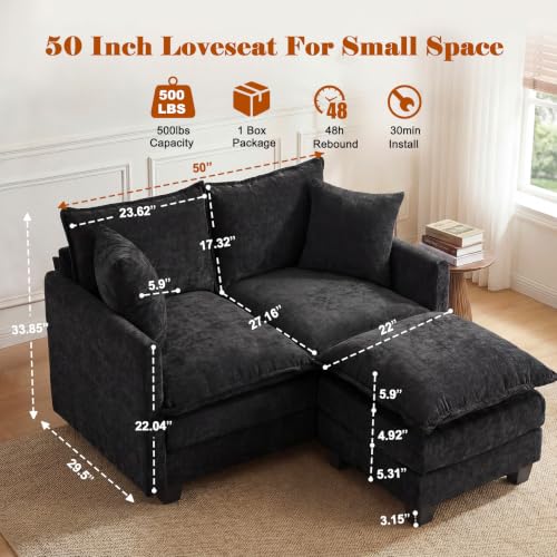 Image of 50'' Loveseat Sofa Set with Ottoman, Small Couch Set 2 Piece Cloud Love Seat 27 inch Deep Seat Washable Pillows Couches for Small Spaces Apartment Living Room, Black