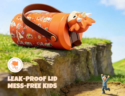POWCAN 12 oz Kids Water Bottle Insulated: 2-in-1 Straw Spout Lid with Soft Animal Head, BPA-Free, Leakproof, Keep Cold 24H, Backpack Friendly, Stainless Steel Cup for School, Trip, Gift (Sunny Trike) - image 4