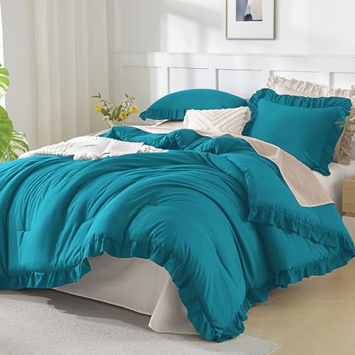 Andency Turquoise King Size Comforter Set, 3 Pieces Solid Farmhouse Bedding