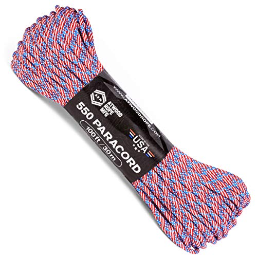 Atwood Rope MFG 550 Paracord 100 Feet 7-Strand Core Nylon Parachute Cord Outside Survival Gear Made in USA | Lanyards, Bracelets, Handle Wraps, Keychain (Flag)