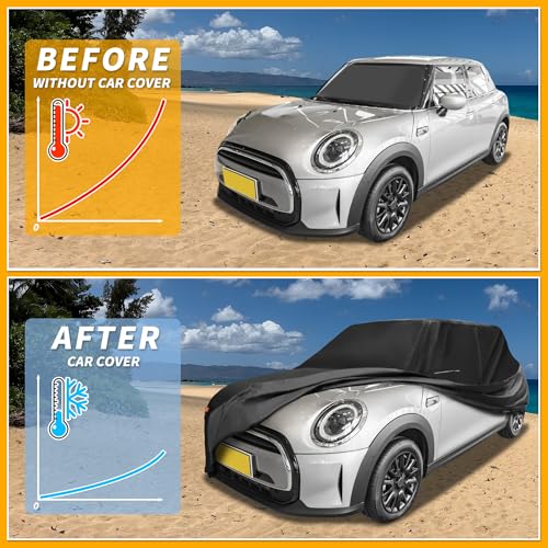 Image of Car Cover Waterproof All Weather 210D-PU, UV Sun Rain Protection, for Mini Cooper 4DR, with Left Side Zipper & Mirror Pockets, Black
