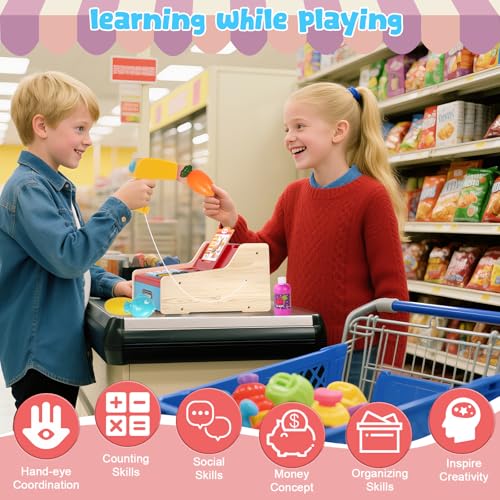 Image of 2026 Wooden Toy Cash Register for Kids,Rechargeable Counting Wood Cash Register Toys, Kids Cash Register with Scanner Realistic for Boy Girl Age 2-4 4-8, Pretend Toy Role-Playing Birthday Ideals Gift