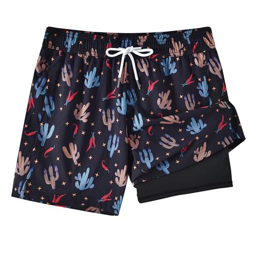 Mens 5.5 inch Printed Short Swim Trunks Compression Liner Quick Dry Swimwear Bathing Suits Boardshorts Beach Wear