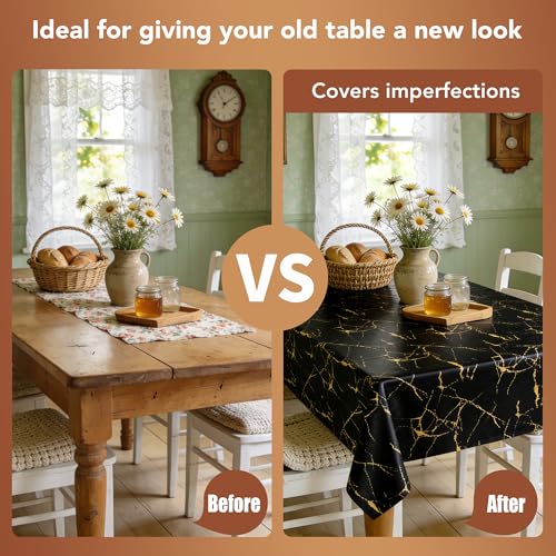 Image of sancua 100% Waterproof Vinyl Tablecloth 54x78 Inch, Rectangle PVC Table Cloth for Picnic, Oil-Resistant Spill-Proof Wipeable Table Cover for Dining, Kitchen, Parties, Indoor and Outdoor, Black Marble