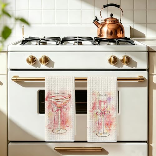Image of 2 Pcs Pink Bow Kitchen Towels, Coquette Pink Reusable Dish Towels | Champagne Lover Gifts for Women Mom Friend, Waffle Weave Hand Cloth Tea Towel for Kitchen Bathroom Home Decor 24x14 Inch