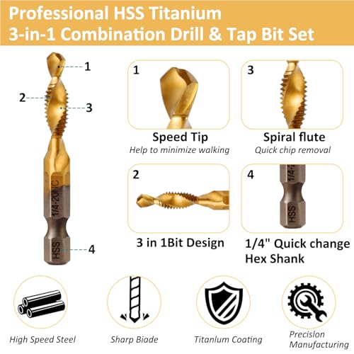 image for ALLWIN 6 Pack Taps Bit Set - Titanium Combination Drill Tap Bit Set Sc