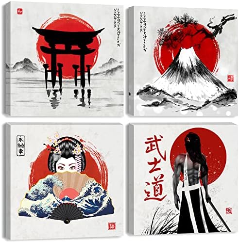 Japanese Decor Wall Art for Living Room Retro Japanese Samurai Geisha Fuji Mountain Canvas Pictures Office Modern Artwork Vintage Black and White Red Asian Painting Bedroom Home Decoration 12×12" 4Pcs