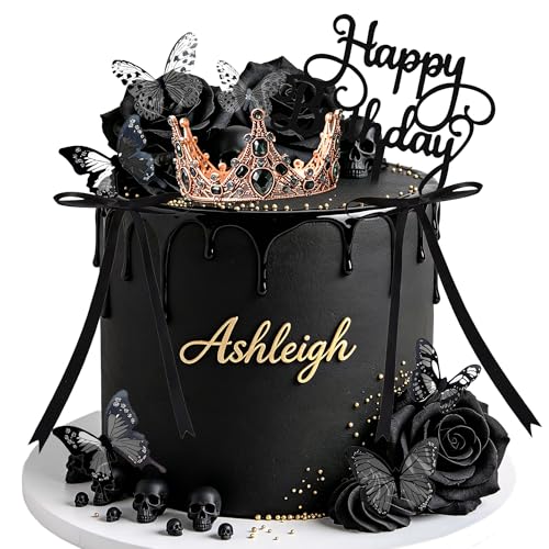 Gothic Birthday Cake Decorations Black Crown Cake Topper Goth Birthday Decorations Black Ribbon Bows Coquette Rose Decor Party Supplies